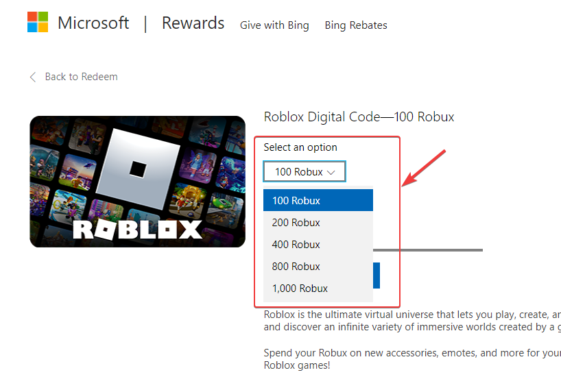 select from 100 to 1000 Robux