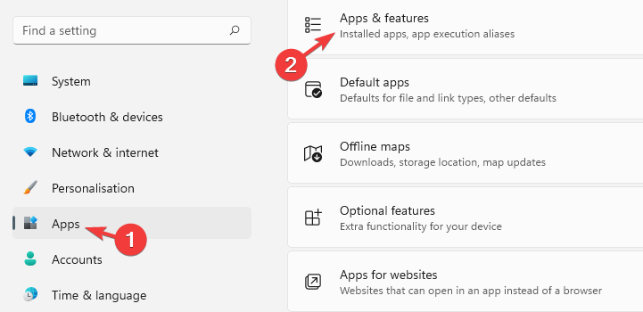 Click on Apps & features in App settings