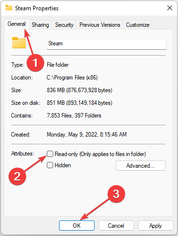Steam Folder properties