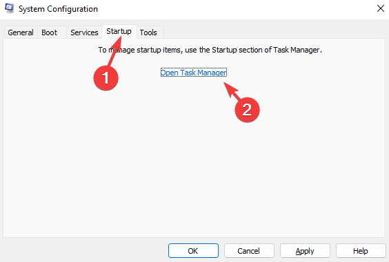 Open Task Manager from Startup tab in system configuration