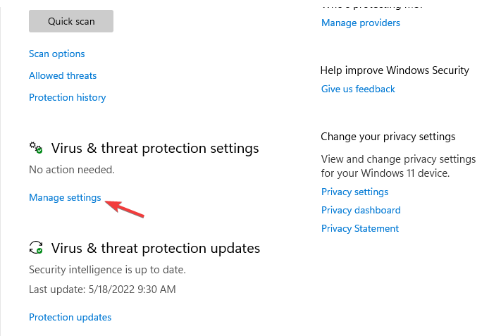 Click on Manage settings under Virus & threat protection