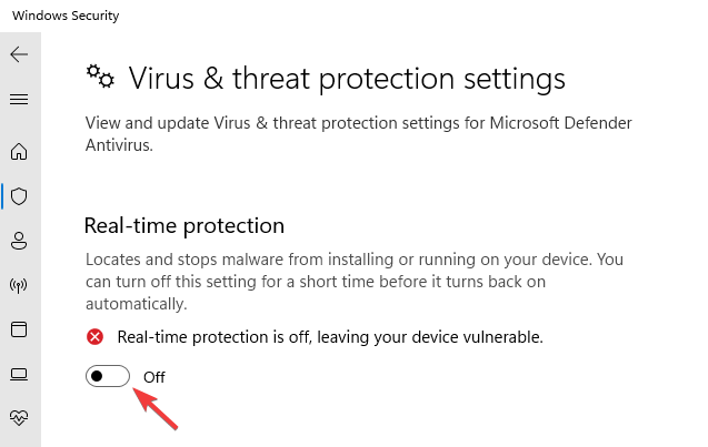 disable virus & threat protection settings