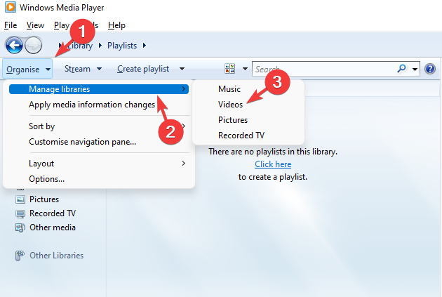 Select Organize and then videos in manage libraries in WMV