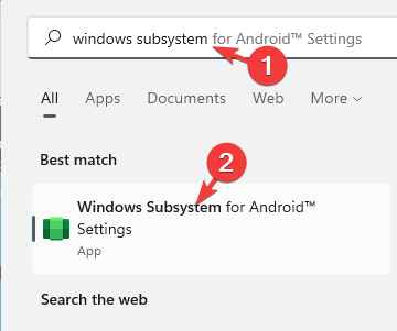 Find the Windows subsystem for Android in Windows search