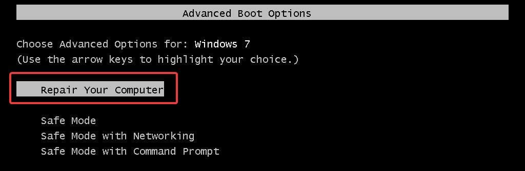 Selecting Repair Your Computer inside Advanced Boot Options