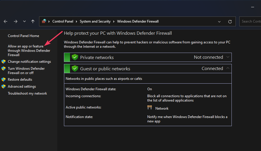 Autoriser une application ou une fonctionnalité via l'option de pare-feu Windows Defender code d'erreur dbd 8018