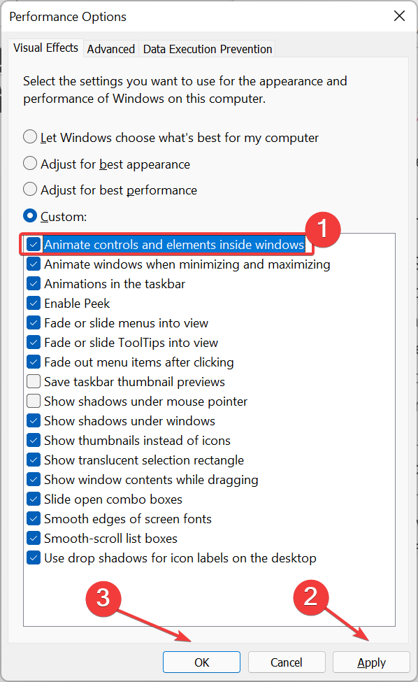 Ticking and unticking the Animate controls and elements inside windows