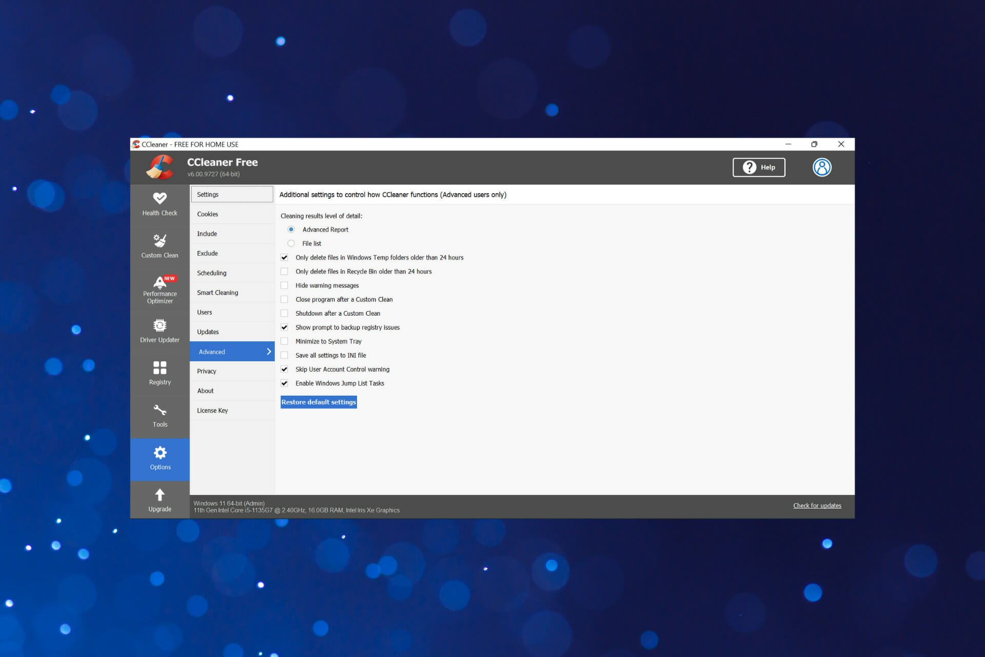 Find out about CCleaner advanced option