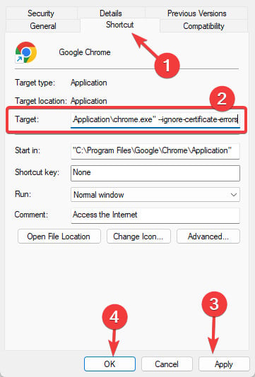 chrome ignore certificates target