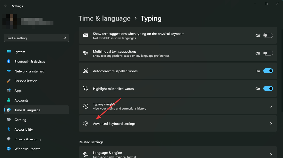 clicking advanced keyboard settings windows 11 settings