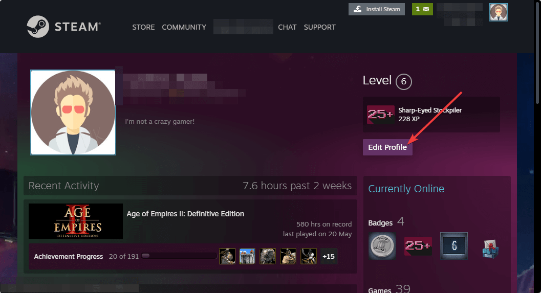 clicking edit profile steam