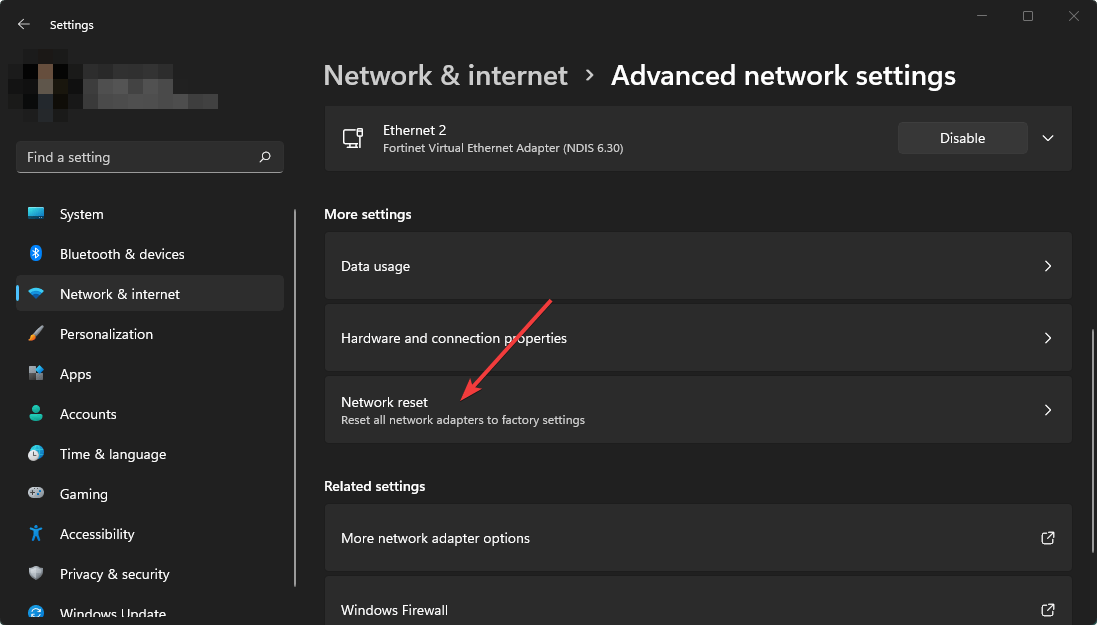 clicking network reset win11 settings