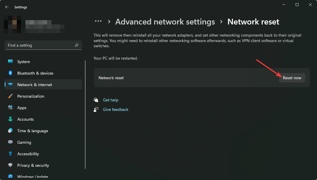 clicking reset now to reset network win11 settings