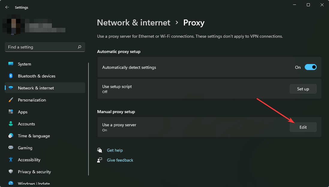 clicking setup proxy settings win11