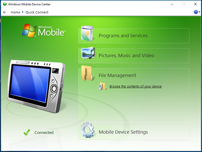 The device configuration window of Windows mobile device center