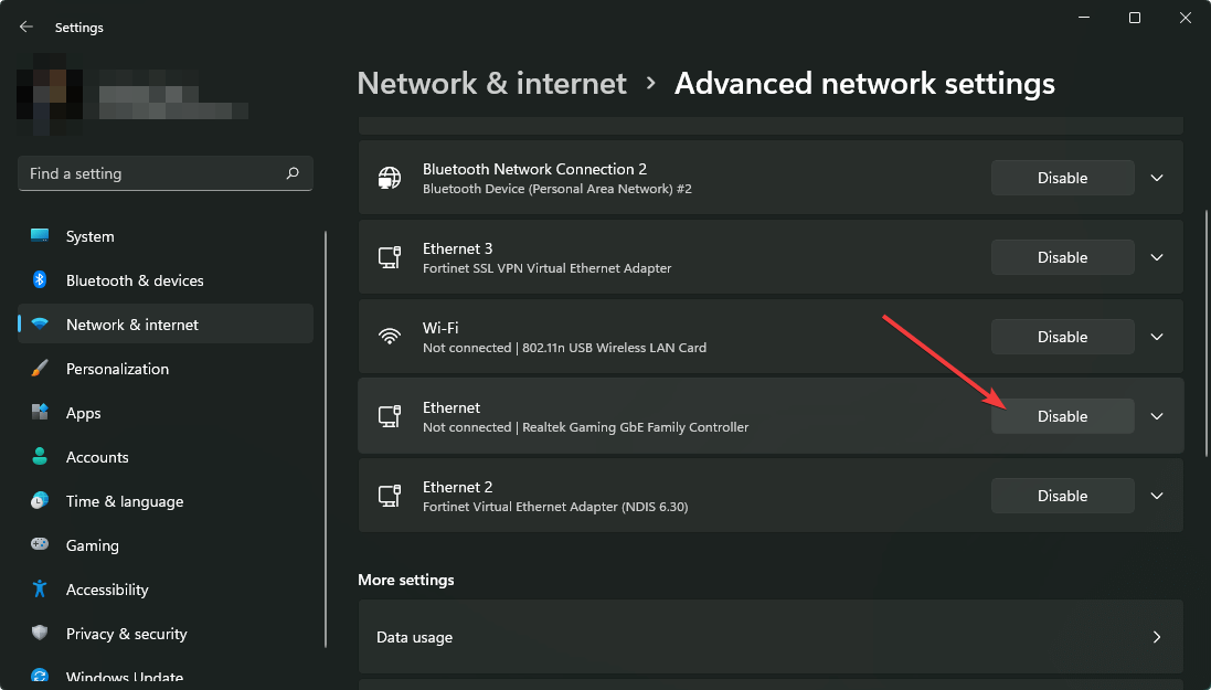 disable ethernet win11