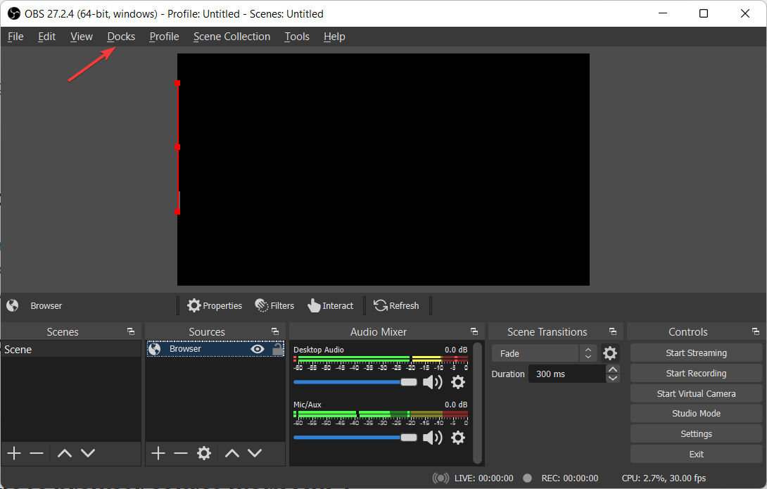 docks how to add browser source to obs studio