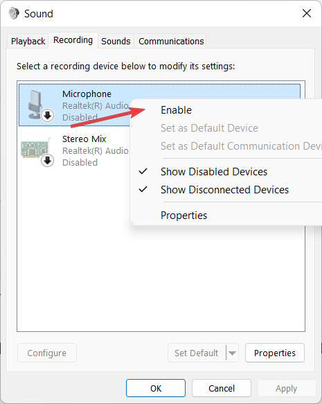 enable microphone not showing up in device manager