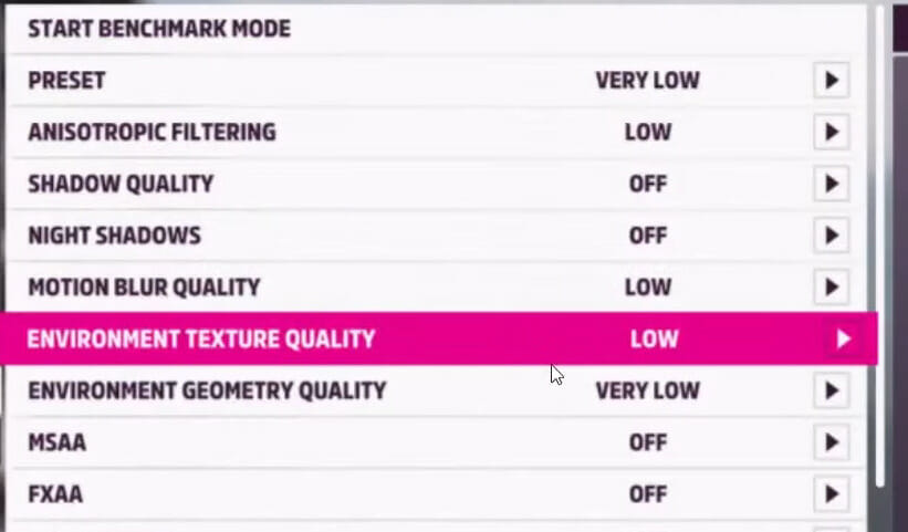 Environment Texture Quality options forza horizon 5 stuttering pc