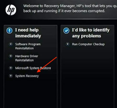 HP コンピューターでシステム回復プロセスを開始します。