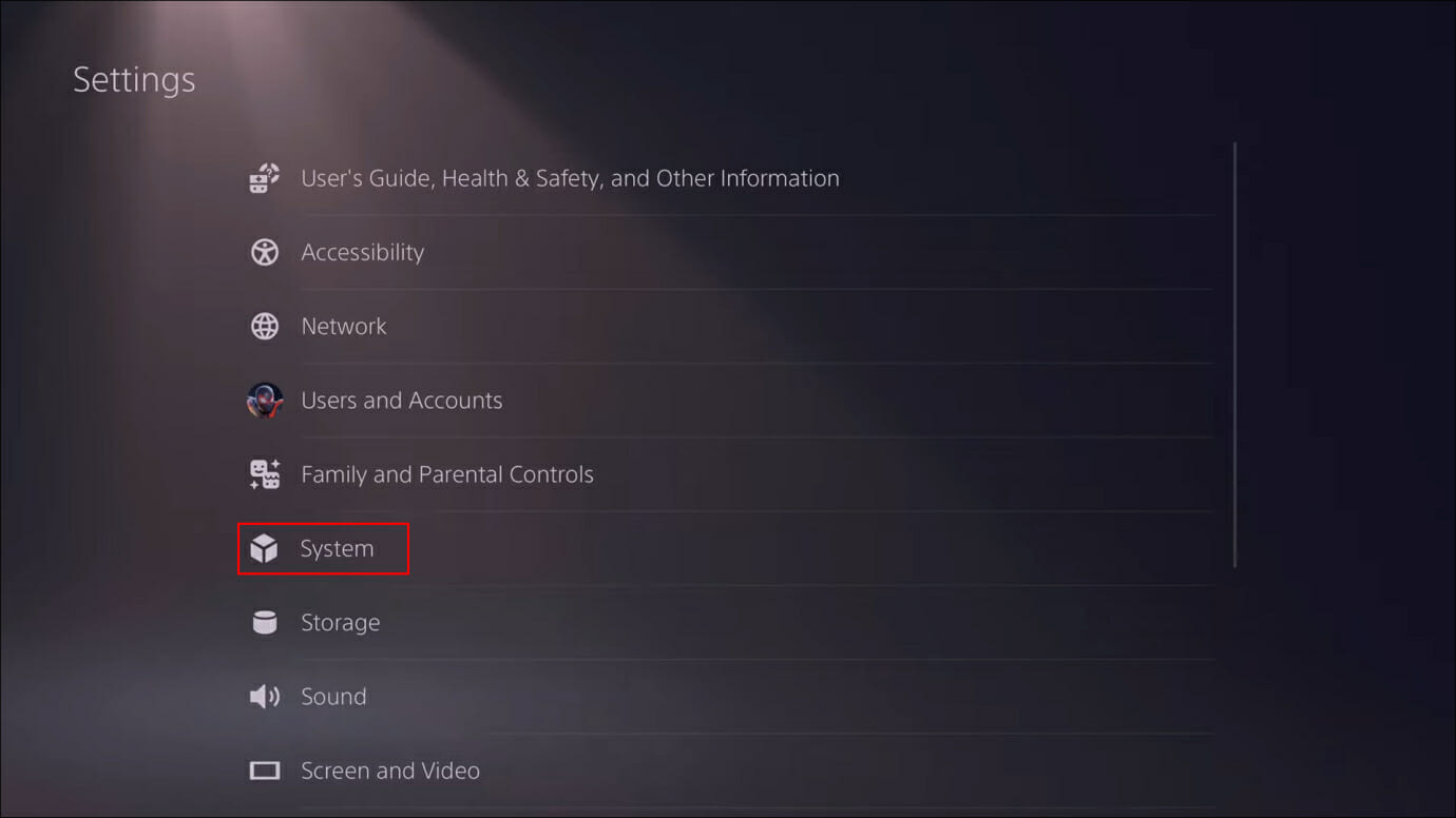 Selecting System inside the PS5 settings page