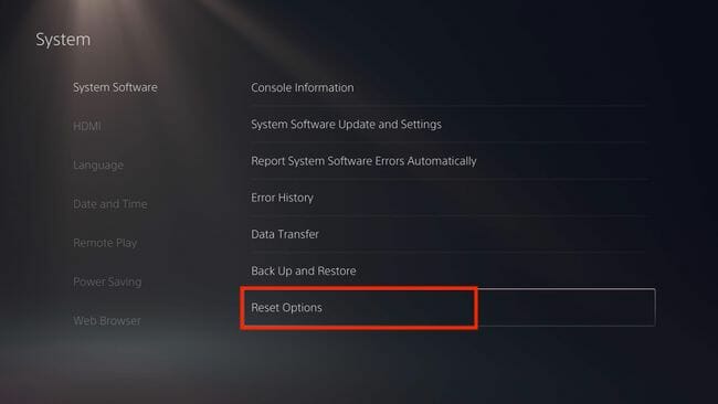 Selecting Reset options inside PS5 settings page
