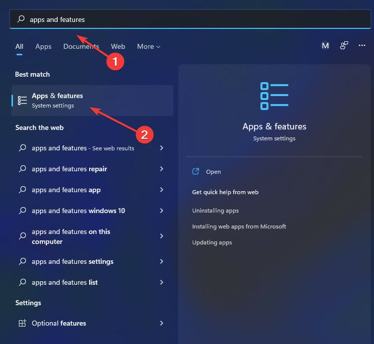 search apps and features in the taskbar