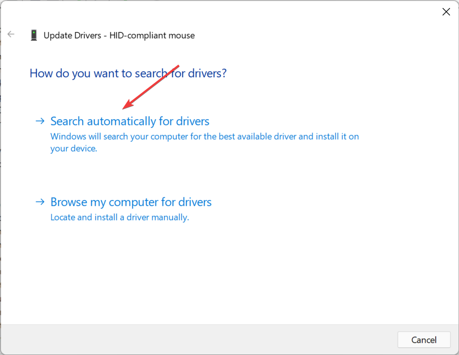 Selecting the option search automatically for drivers
