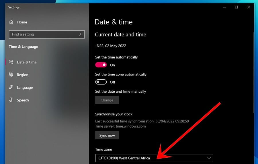 setting time zone in Windows