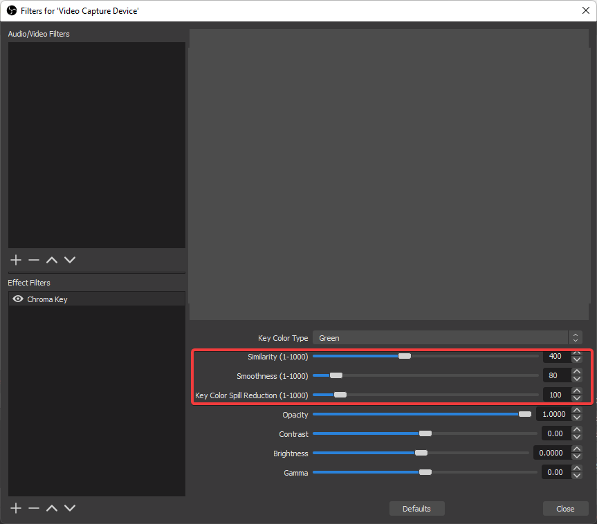  smoothness and othe roptions in chroma key settings