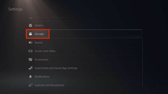 Selecting the Storage in the settings menu of PS5