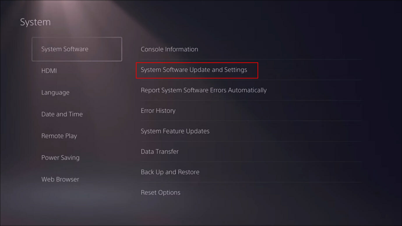 Selecting System Software Update to update the software of PS5