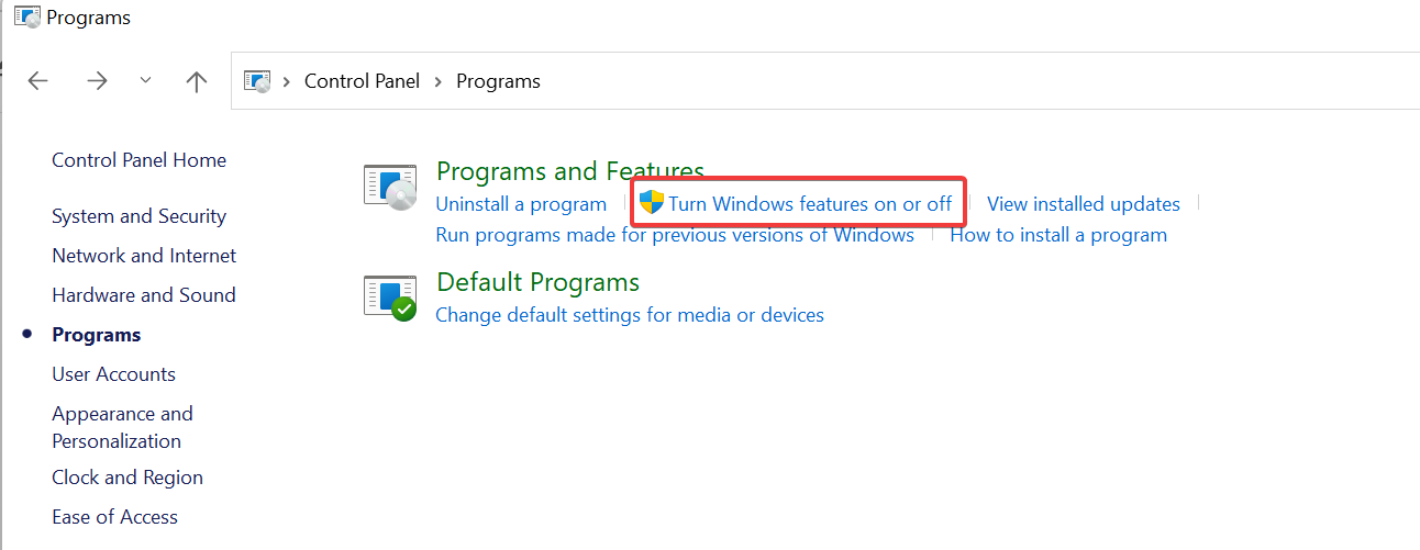 Opening Windows features on or off to enable a setting