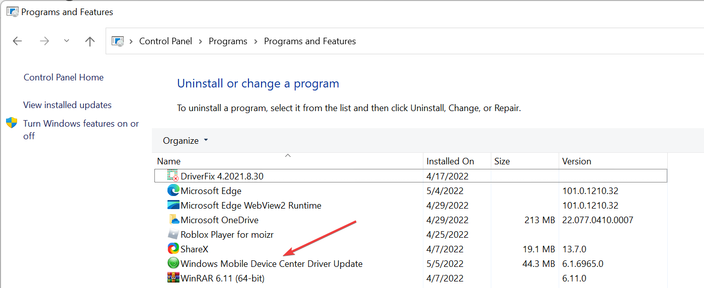 Uninstalling Windows Mobile Device Center Driver update