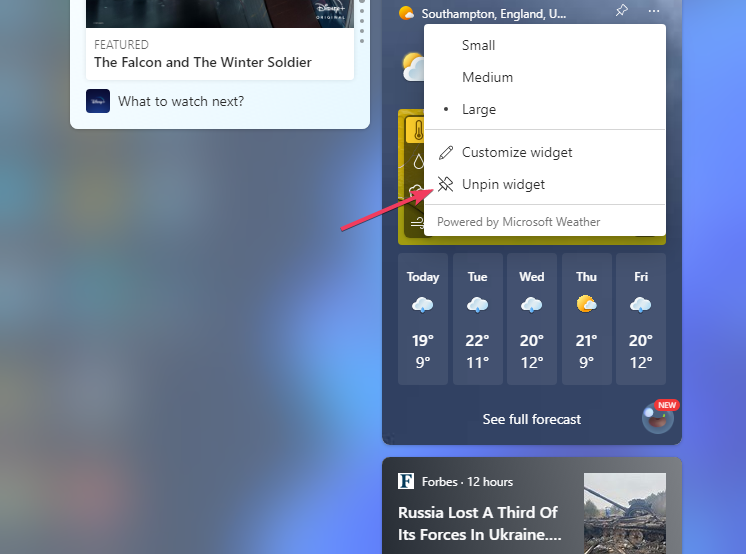 The Unpin widget option windows 11 weather in taskbar