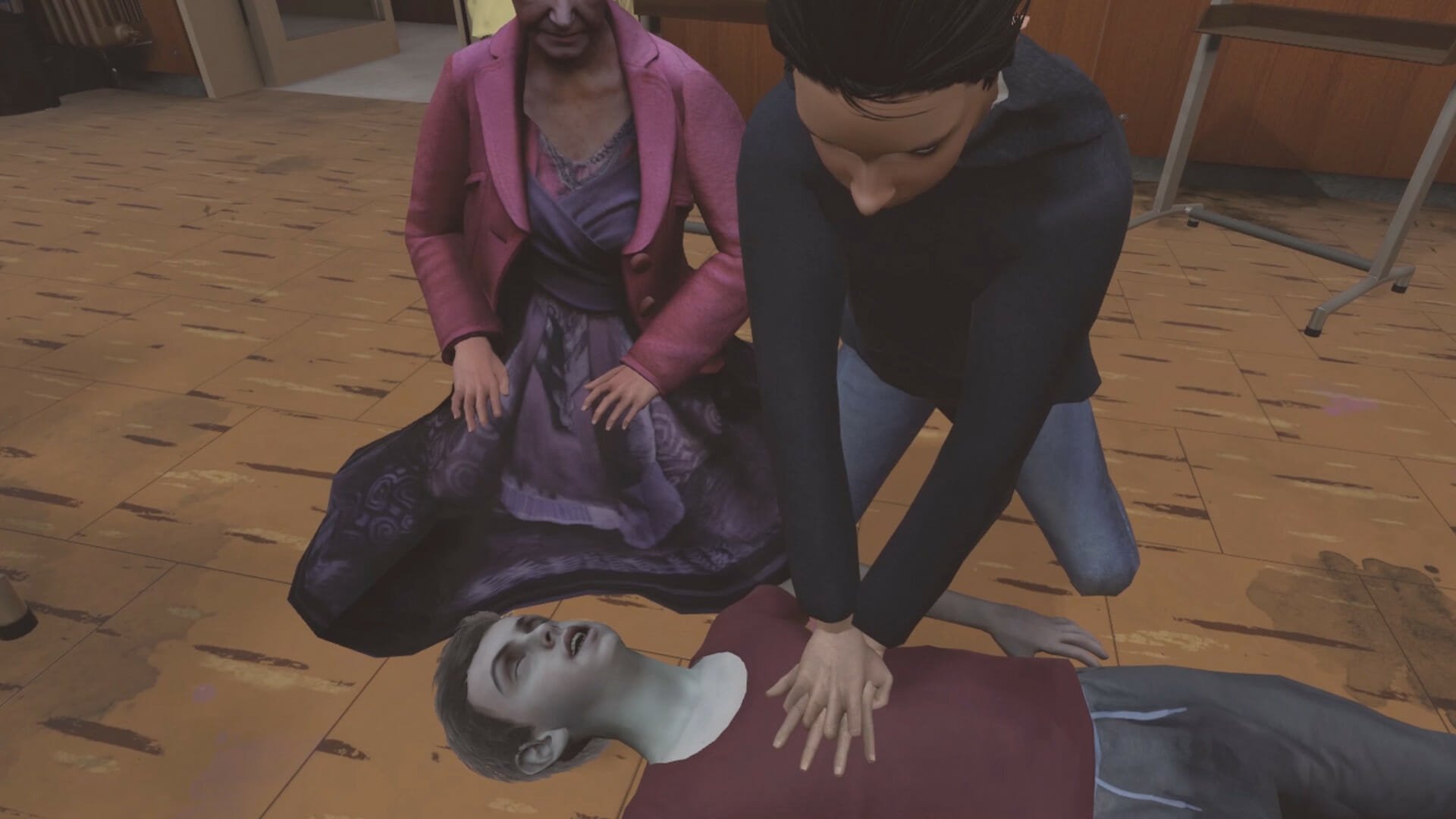 A man is performing CPR in the game