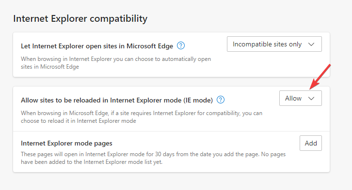  Allow sites to be reloaded in Internet Explorer mode