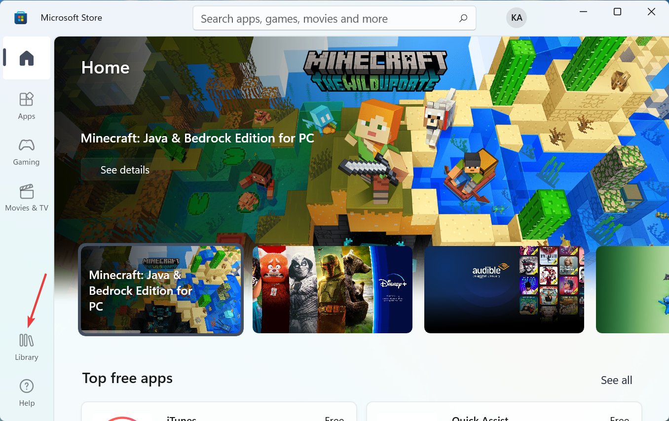 click on library in microsoft store