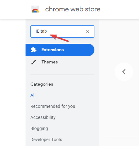 search for IE tab on web store