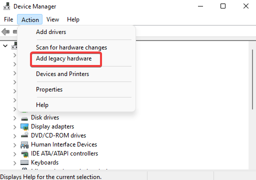 device manager action only shows help