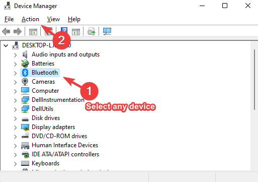 select a device in devic manager and click on Action