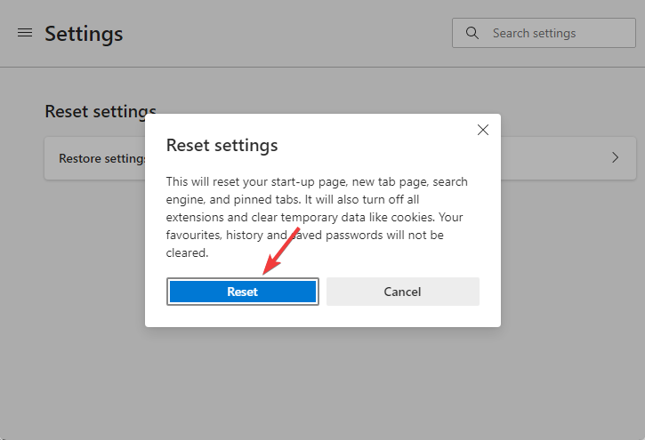click on reset in Edge reset settings