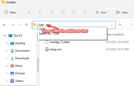 type cmd in address bar to reinstall edge in admin mode