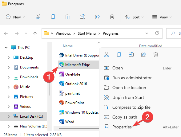 Right click on Microsoft Edge icon and select Properties