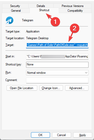 Copy and paste no patch path in Shortcut