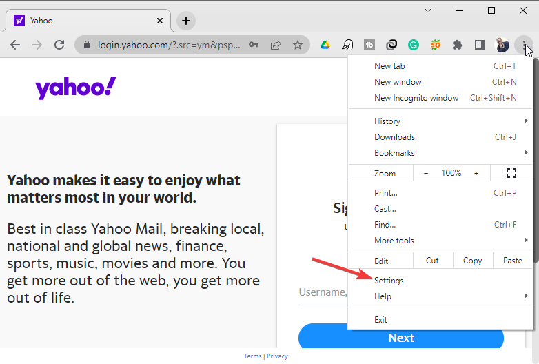 Settings - yahoo mail not working in chrome