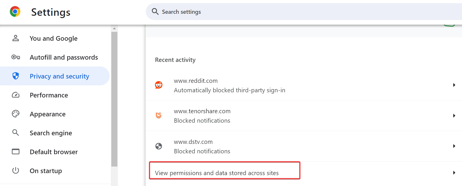 chrome view permissions and data shared across sites