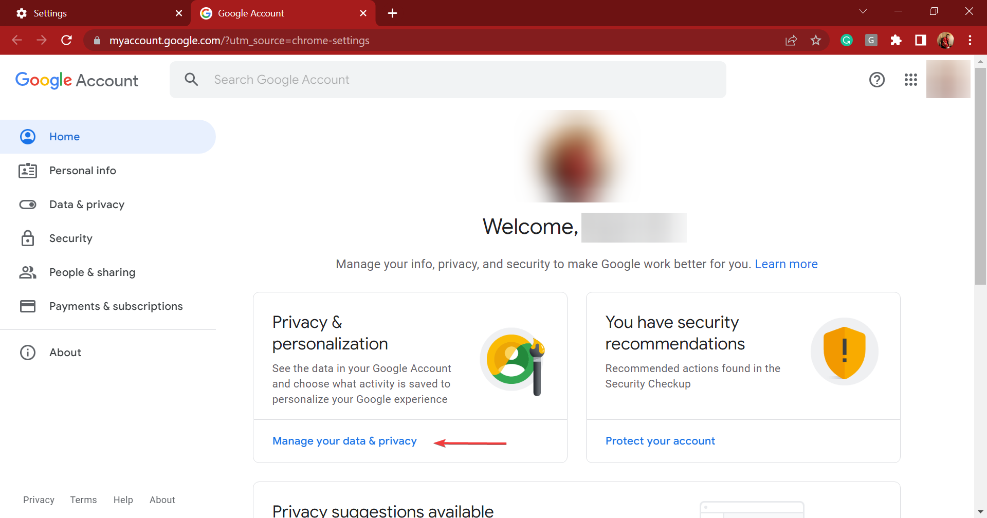 Manage your data and privacy to fix chrome sync keeps pausing