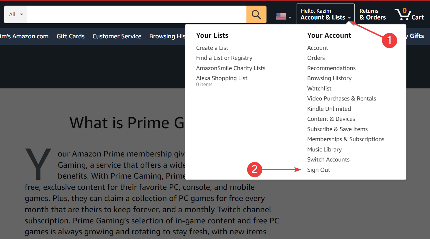 Sign out to fix amazon prime gaming not working
