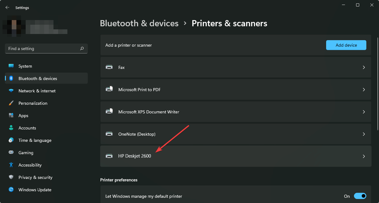 clicking on HP printer Windows 11 settings
